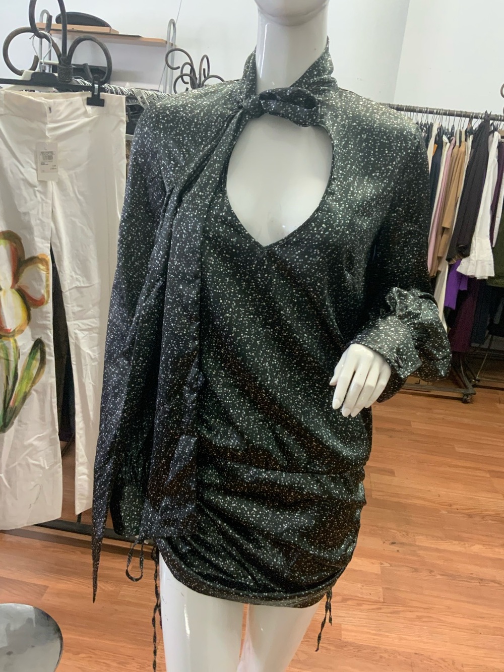 Black Speckled Tie-Neck Mini Dress